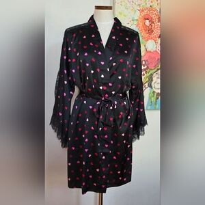 Victoria's Secret Black Satin Robe with Pink & Red Heart Print